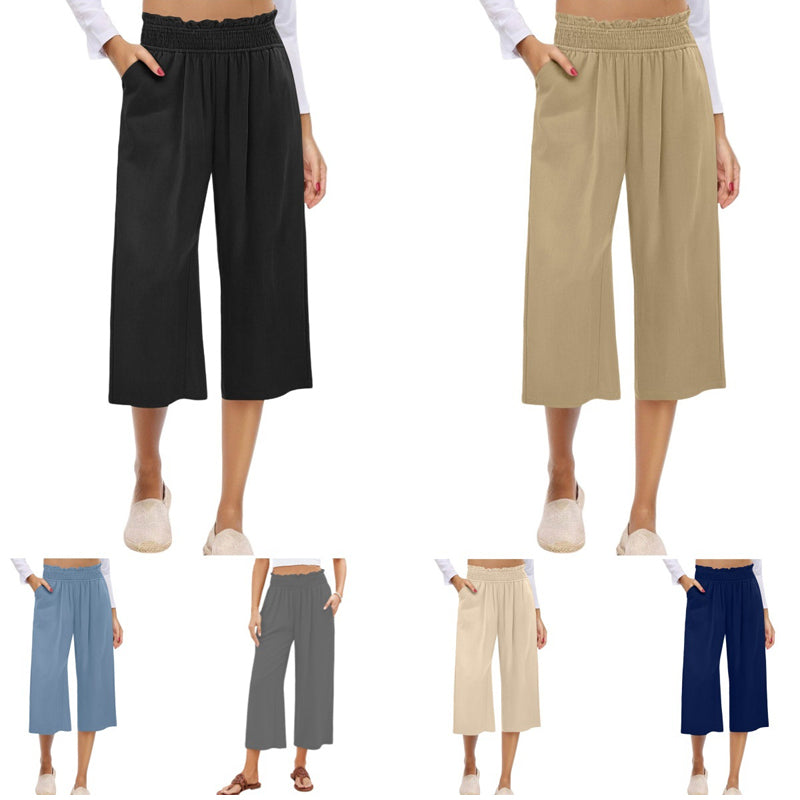 👖 Dámske capri nohavice s vysokým pásom, širokými nohavicami, elastickým pásom a ľanovým materiálom🔥