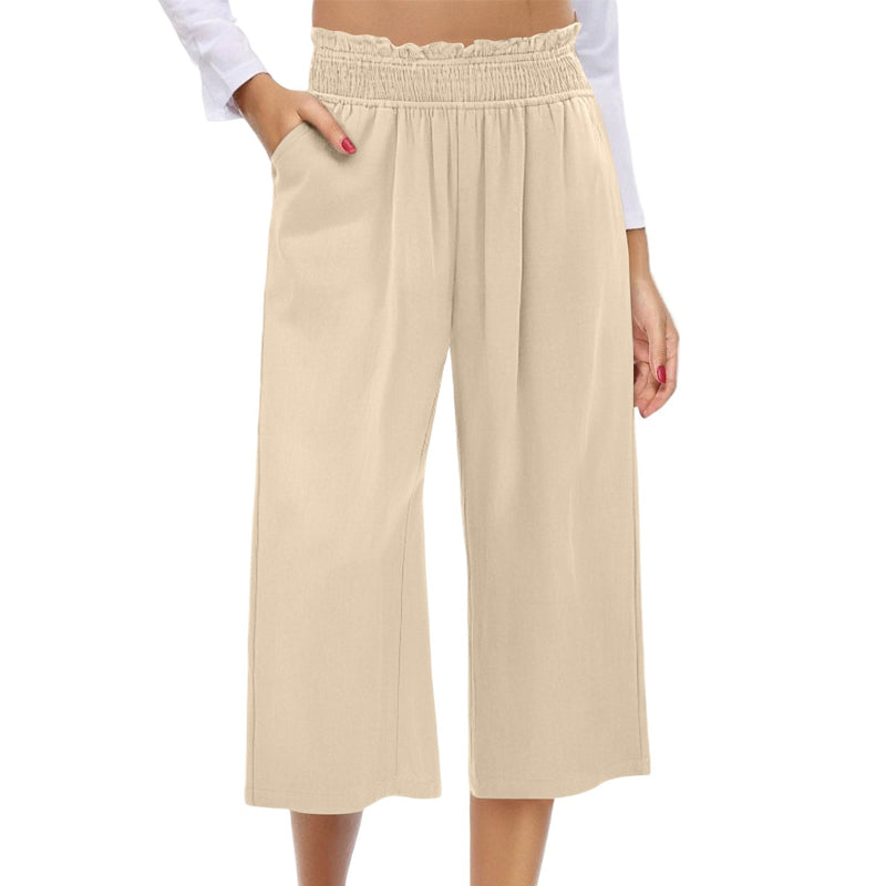 👖 Dámske capri nohavice s vysokým pásom, širokými nohavicami, elastickým pásom a ľanovým materiálom🔥