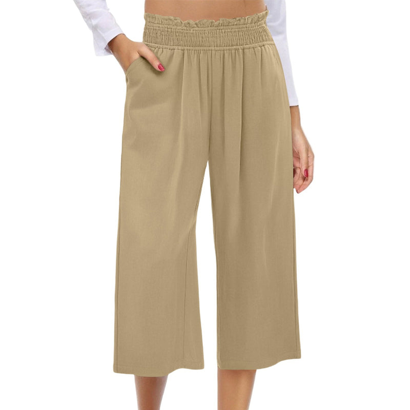 👖 Dámske capri nohavice s vysokým pásom, širokými nohavicami, elastickým pásom a ľanovým materiálom🔥
