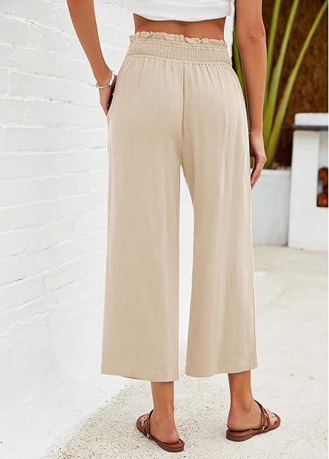 👖 Dámske capri nohavice s vysokým pásom, širokými nohavicami, elastickým pásom a ľanovým materiálom🔥