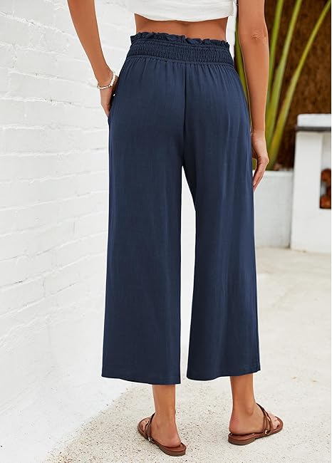 👖 Dámske capri nohavice s vysokým pásom, širokými nohavicami, elastickým pásom a ľanovým materiálom🔥