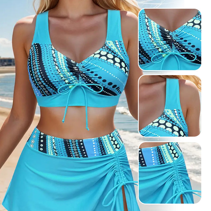 🌊👙 Dámské V-Krk Šňůrkové Tisknuté Třídílné Plavky
